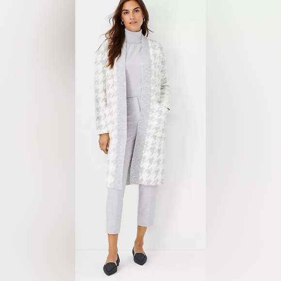 ANN TAYLOR NWT Houndstooth Open Coatigan‎ Sweater in Tranquil Gray-Sz XS-$150 - Picture 1 of 7